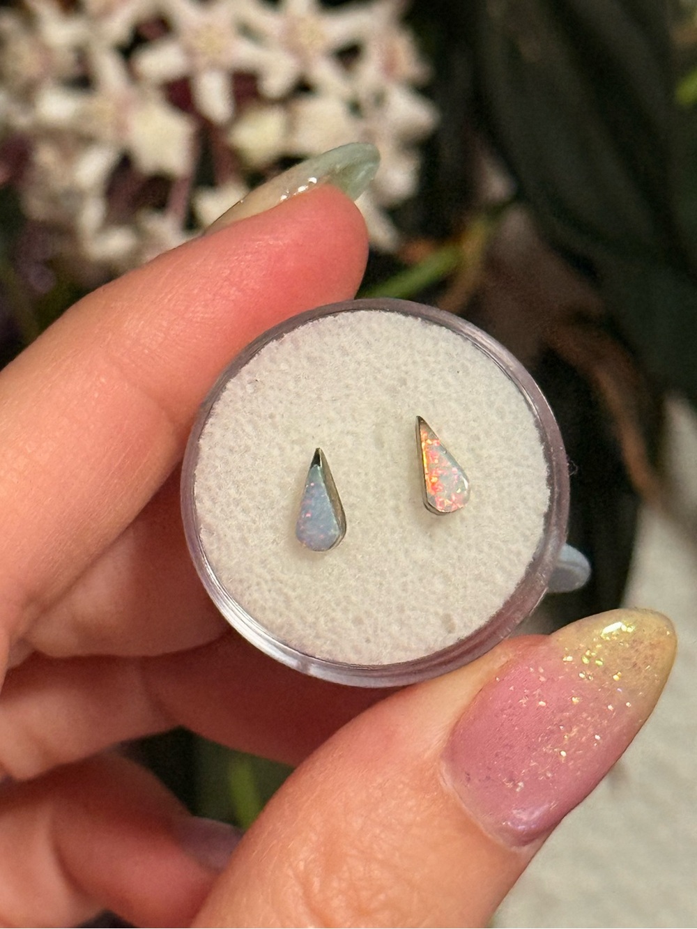 Vintage Handmade Teardrop Lab Opal Stud Earrings Sterling Silver Iridescent Boho
